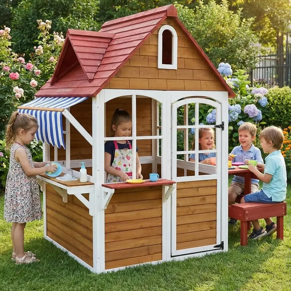 Kids Outdoor Bench Table - Casa de juegos grande de madera