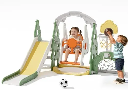 Kids Outdoor Swing Set With Slide - Juego de tobogán y columpio 6