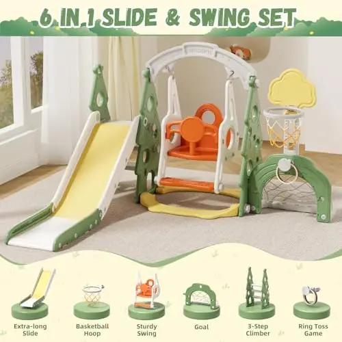 Juego de tobogán y columpio 6  - Kids Outdoor Swing Set With Slide reseña y precio