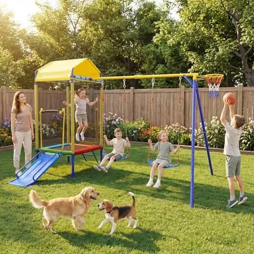 Columpio 5 en 1 para Niños con - Kids Outdoor Swing Set With Slide reseña y precio